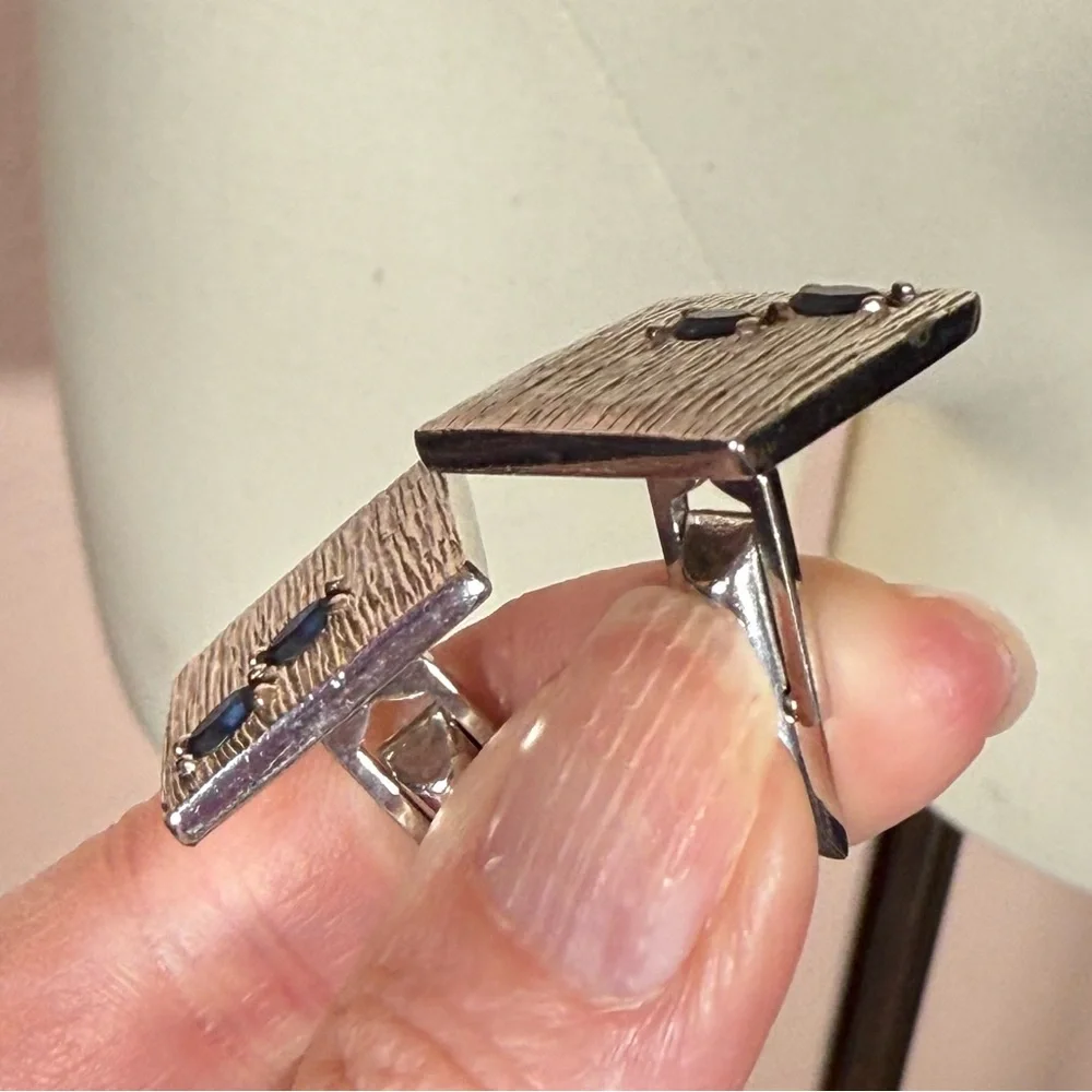 Vintage 1940- 60 Swank Art deco silver Blue Marquise stone Square cuff links